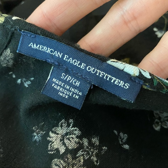 American Eagle Black Floral Cut Out V-Neck Short Sleeve Mini Sundress Dress - Picture 7 of 9